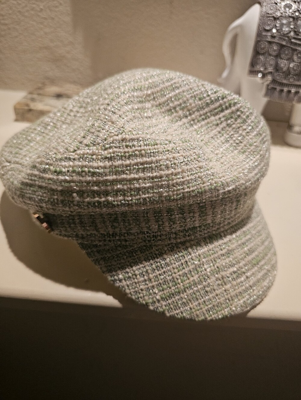 Textured Tweed Baker Boy Cap in Light Green and Cream